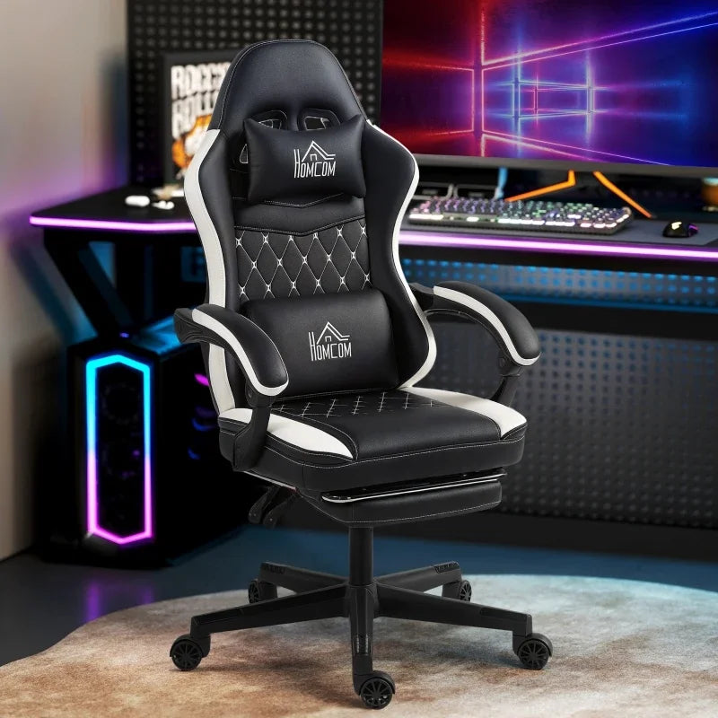 Gaming Chair with Footrest, Computer Chair with Headrest & Cushions, Faux Leather Upholstery, Swivel, Height-Adjustable