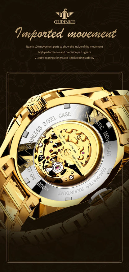 OUPINKE Herrenarmbanduhr, Top-Marke, Luxus, Gold, Wolframstahl, originale automatische mechanische Armbanduhr mit Zifferblatt im Drachenmuster