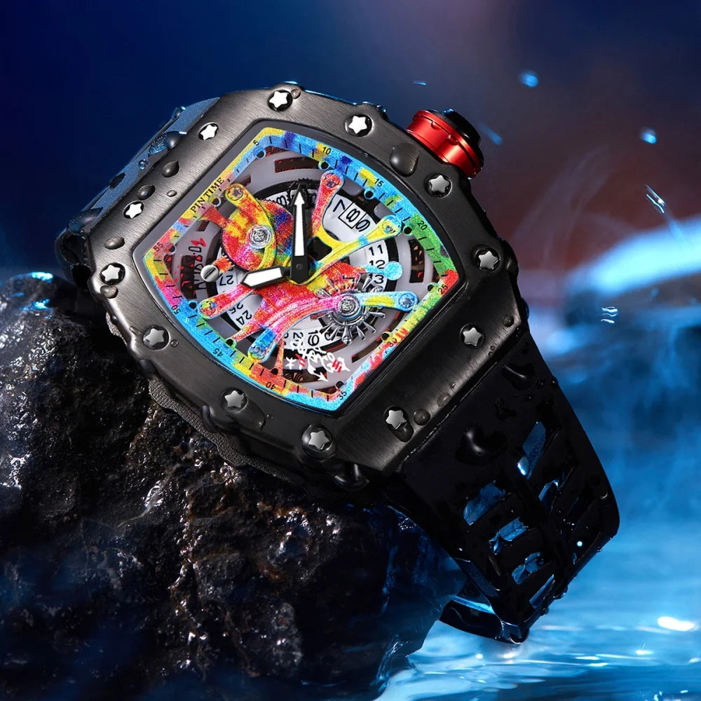 New Cool Men's Watches Luxury Fashion Silicone Tonneau Watch Skeleton Waterproof Quartz Wristwatches Clock Relogio Masculino