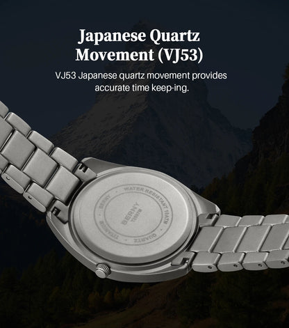 BERNY Full Titanium Men Watch Date Week Quartz Watches Calendar Sapphire Super Luminous 100M Waterproof Lightweight Wristwatch