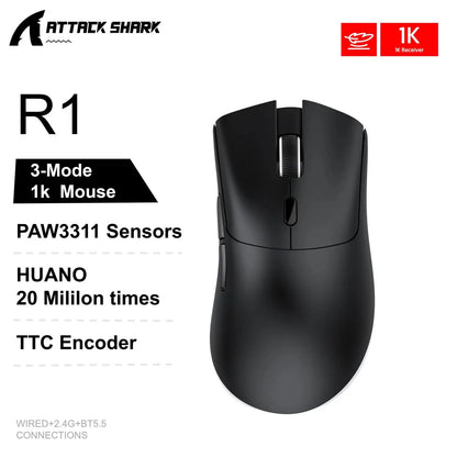 Attack Shark X11&R1 třirežimová bezdrátová Bluetooth myš s nabíjecí základnou, RGB, ergonomická, lehká myš, příslušenství pro PC hráče