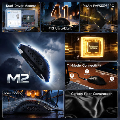 Ratón gaming inalámbrico ultraligero MAMBASNAKE M2, sensor PAW3395PRO 40000 DPI, fibra de carbono 41g, tri-modo