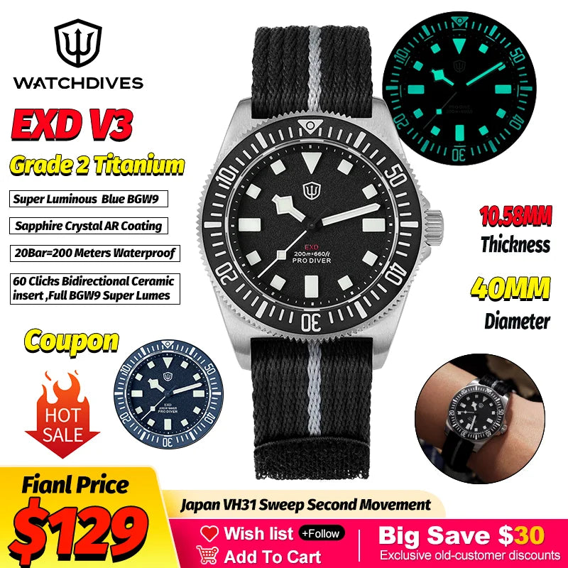 Watchdives EXD 40Mm Titanium Dive Watch Man VH31 Sweep Quartz Watches 200 Waterproof Ar Sapphire BGW9 Luminous 316L Wristwatch
