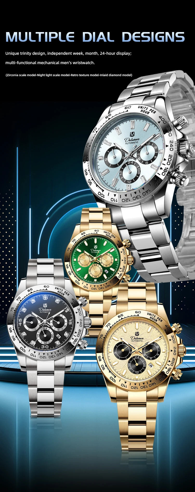 Watch For Men Luxury Stainless Steel Clock Fashion Casual Multi-functional Design Automatic Mechanical Wristwatch