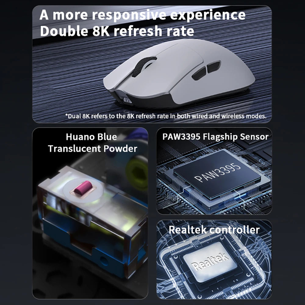 Mouse de gaming Darmoshark M3 V2 Double 8K, wireless, tri-mode, 26K DPI, senzor PAW3395, mouse macro pentru gaming, pentru mâini mari, computer, laptop și PC