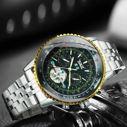 Jaragar Military Sports Automatic Watch for Men Multifunction Dial Tourbillon Skeleton Mechanical Watches Luxury Steel Band Glow