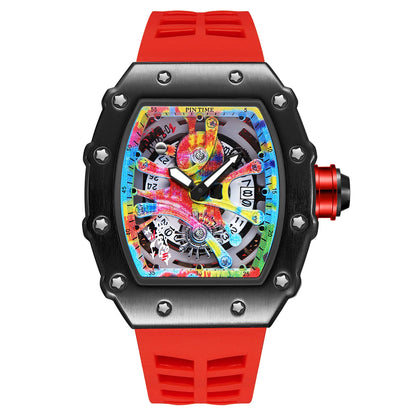 New Cool Men's Watches Luxury Fashion Silicone Tonneau Watch Skeleton Waterproof Quartz Wristwatches Clock Relogio Masculino
