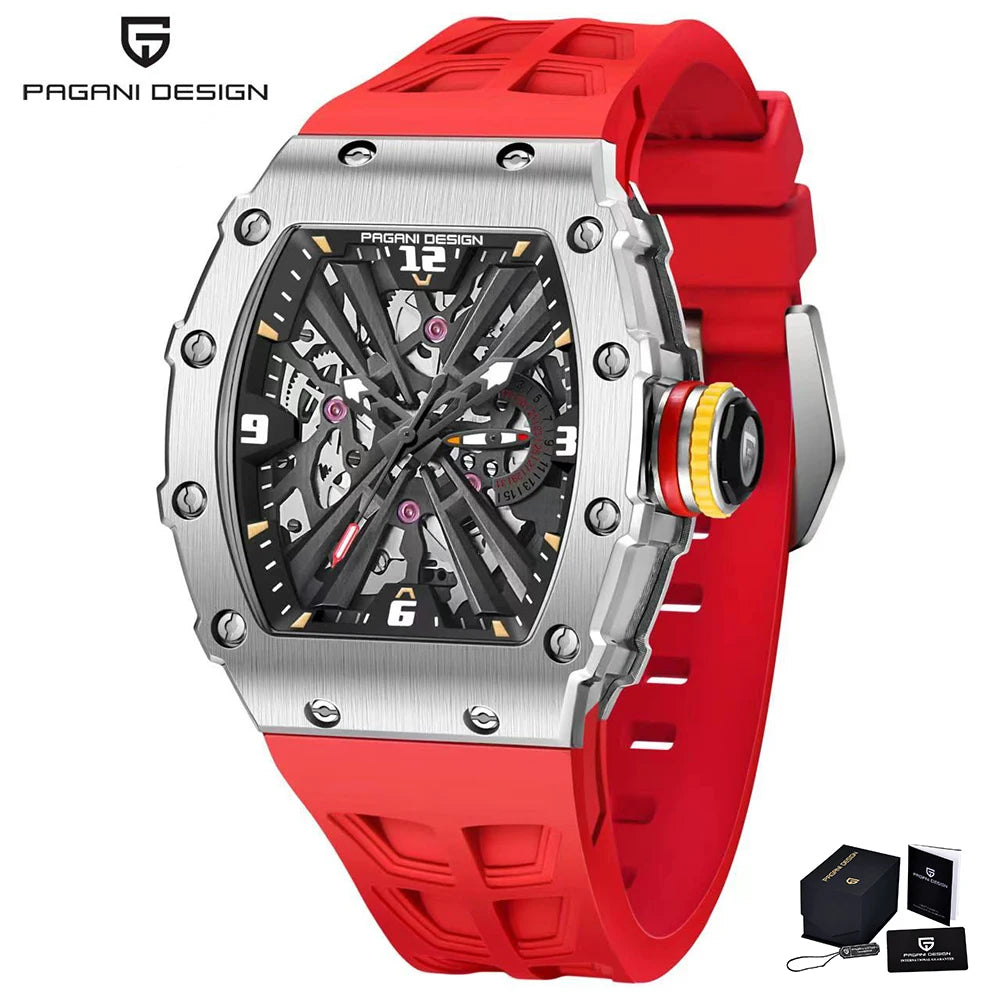 2026 Neue PAGANI DESIGN Herren-Quarzuhr VH65-Uhrwerk, Skeleton-Zifferblatt, 100M wasserdicht, sportliche rechteckige Uhr mit Saphirglas für Herren