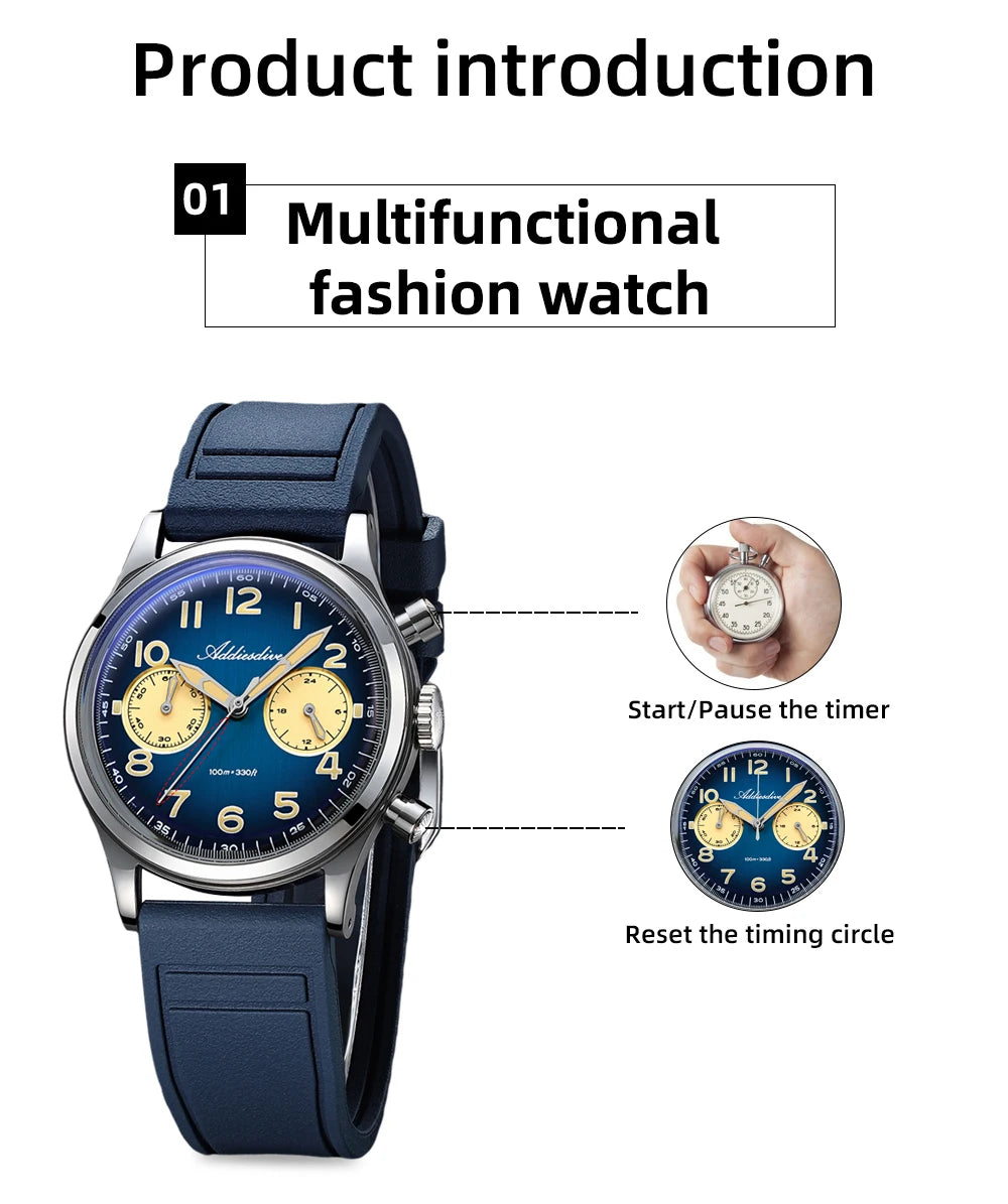 ADDIESDIVE Hot Sale Watch For Men VK64 Chronograph 10Bar Waterproof AD2516 Super Luminous Bubble Mirror Glass Quartz Steel Watch