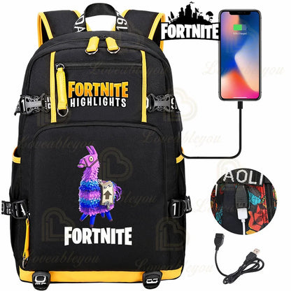 Mochila Red Jade F-Fortnited Battle Royale com carregamento USB, figuras anime e compartimento para material escolar para estudantes