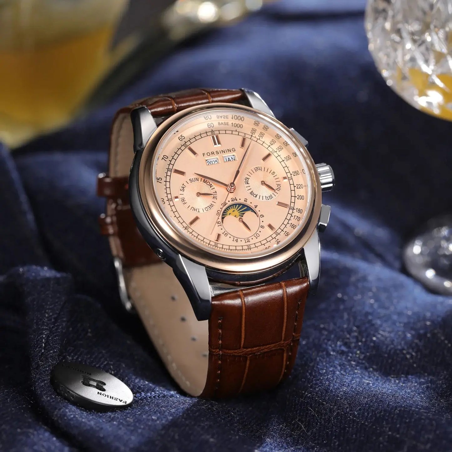 Forsining Retro Mechancial Watches Moon Phase Shanghai Movement Rose Gold Case Brown Leather Strap Luxury Automatic Mens Watch