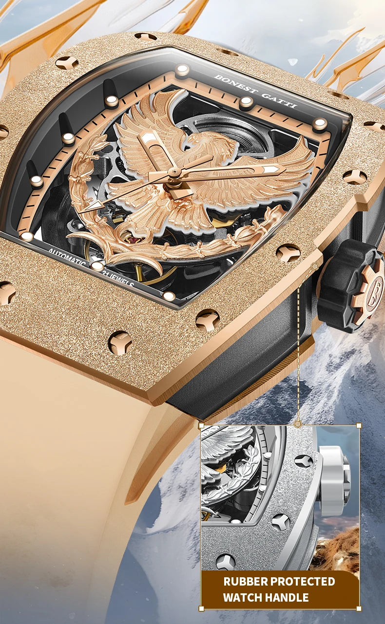 BONEST GATTI Luxury Men Hollow Automatic Mechanical Watches Tonneau Sapphire Crystal Luminous Hollow Eagle Dial Rubber Strapes