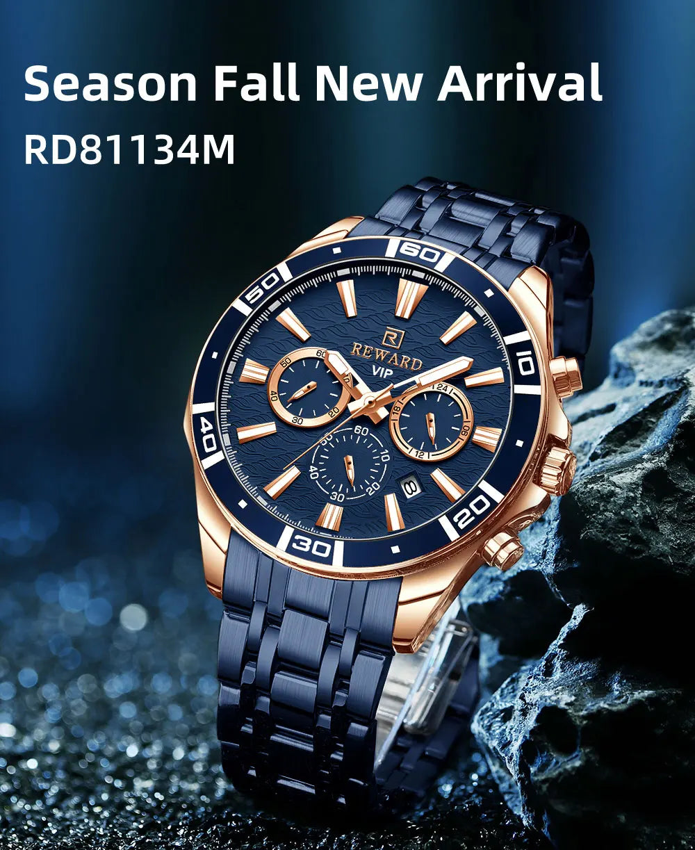 REWARD Mens Watches Waterproof  Luminous Quartz Wristwatch Business Stainless Steel Strap with gift box