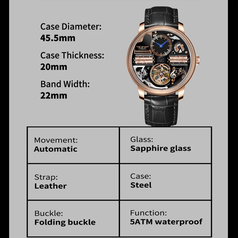 2025 NEW PINDU Design Music Series Machinery Watch Men Movement Stainless Steel Sapphire Glass Top Luxury Automatic Watch Hollow