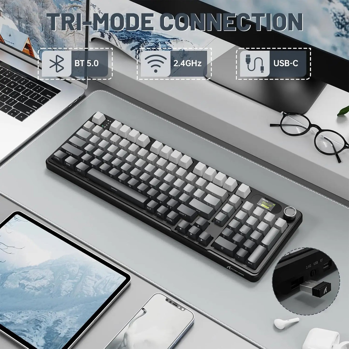 ATTACK SHARK X98 RGB Wireless Mechanical Keyboard,LED Smart Display&Knob, Hot Swappable,Pre-lubed Linear Switches