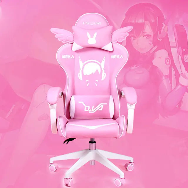 Pink Cartoon Electric Sound Gaming Chair, Rotating Office Chair with Adjustable Height, Latex Cushion, 360° Swivel Computer Chair for Home & Study