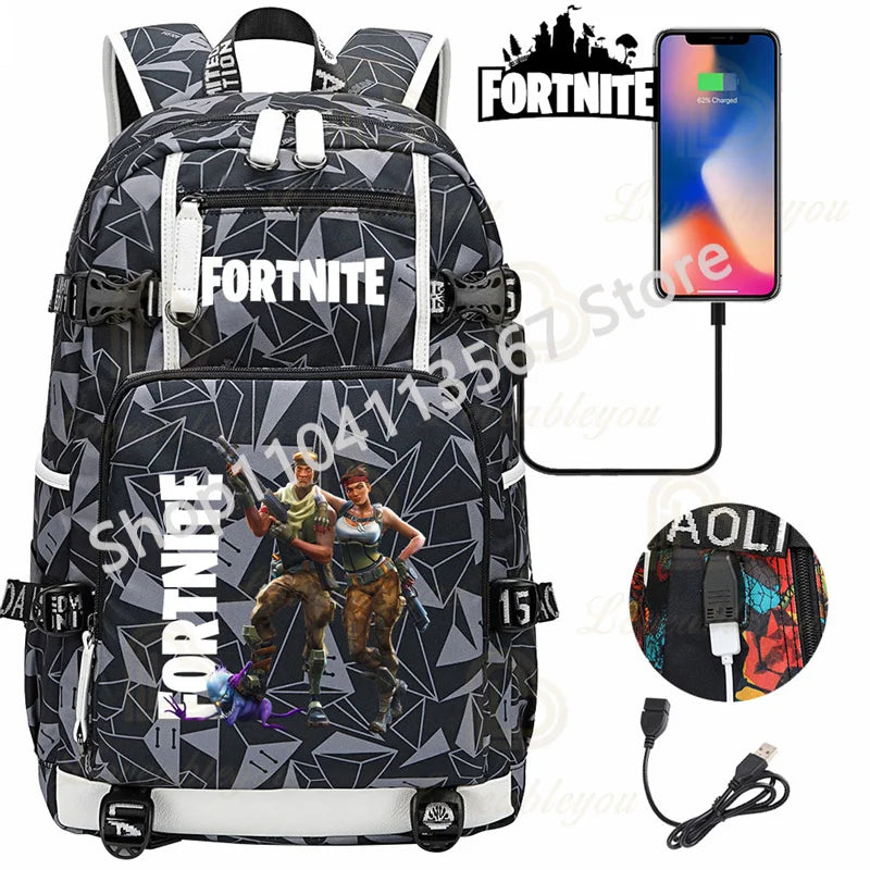 Ultima Knight F-Fortnited Battle Royale Rucksack mit USB-Ladeanschluss, Anime-Figuren und Studienfach für Schreibwaren für Schüler