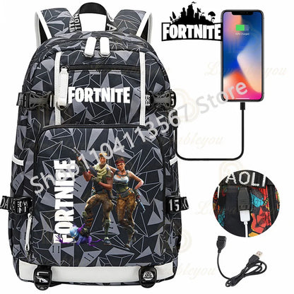 Ultima Knight F-Fortnited Battle Royale Rucksack mit USB-Ladeanschluss, Anime-Figuren und Studienfach für Schreibwaren für Schüler