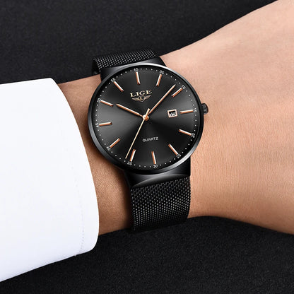 Moška ura LIGE, eleganten in razkošen model, izjemno tanek, vodoodporen, z mrežastim zapestnim trakom, kvarčnim mehanizmom, prikazom datuma in koledarja – idealna za poslovni stil.