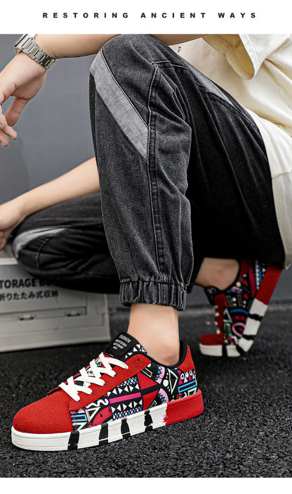 YRZL Men's Sports Running Shoes Canvas Geometric Style Lace-Up Sneakers Couples' Fashionable Graffiti Print Skate Shoes