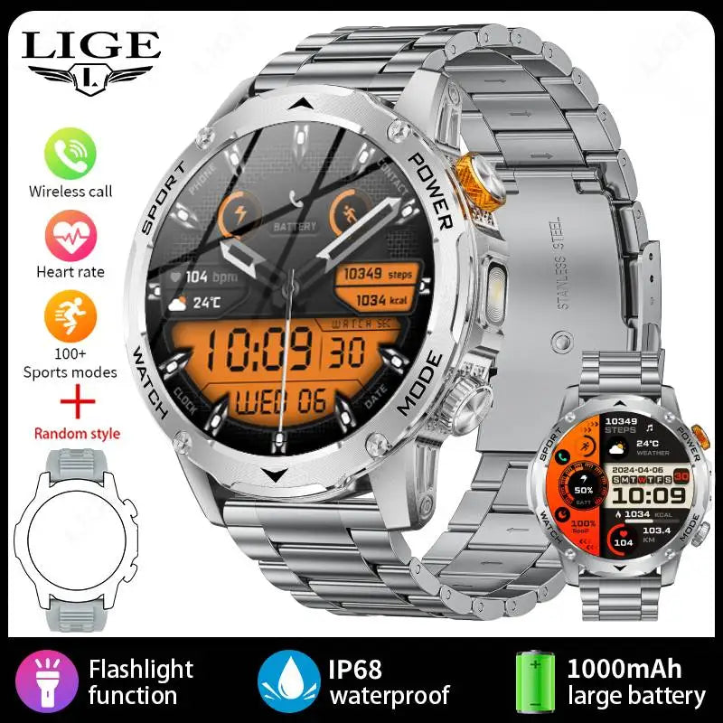 LIGE New Smart Watch Men 1000mAh Large Capacity Battery Outdoor Flashlight Bluetooth Call Waterproof Sport Fitness Smartwatch
