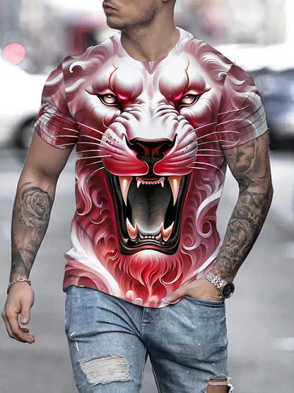 3D Plus Size Men's Lion Print T-shirt Summer Short Sleeve Crew Neck Tees Shirts For Men New In Animal Lion Graphic Tshirts Tops