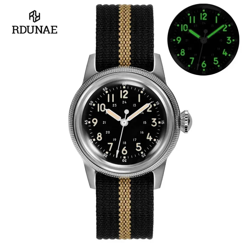 RDUNAE RA05 Vintage Military Watch 2035 Movement Quartz K1 Mineral Glass Crystal Stainless Steel Luminous Waterproof Men's Watches