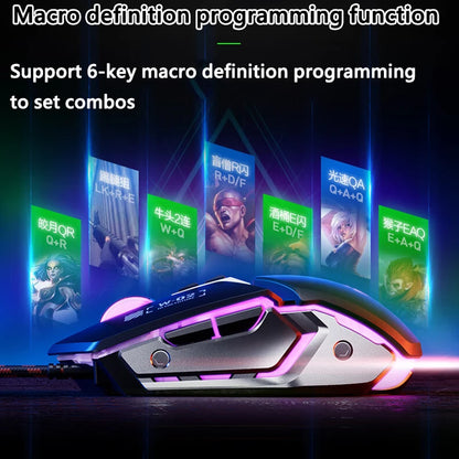 Mouse de gaming cu fir USB Inphic W2 a 2-a generație, clic silențios, stil metalic, 6 taste, programare macro, 8800DPI