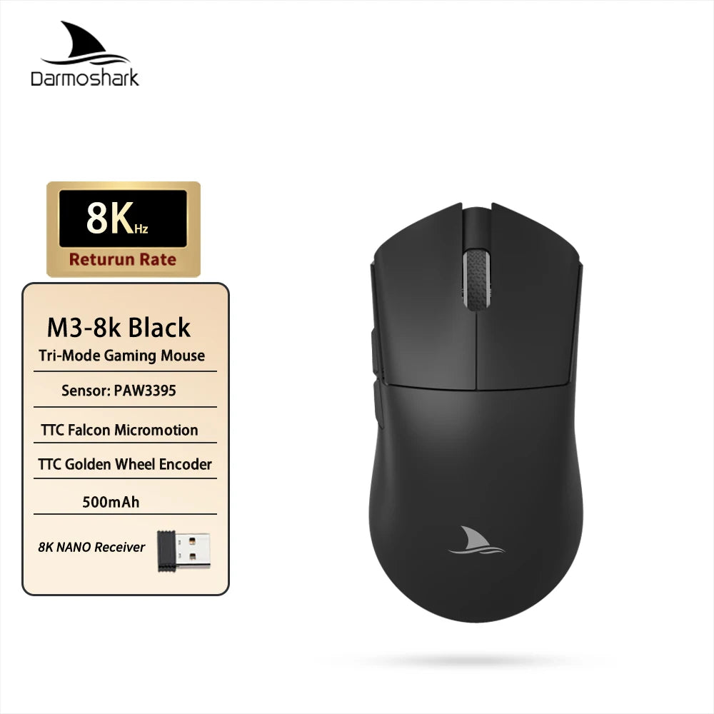 Mouse de gaming Darmoshark M3 V2 Double 8K, wireless, tri-mode, 26K DPI, senzor PAW3395, mouse macro pentru gaming, pentru mâini mari, computer, laptop și PC