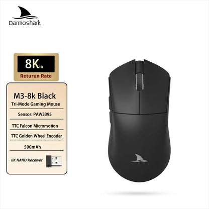 Mouse de gaming Darmoshark M3 V2 Double 8K, wireless, tri-mode, 26K DPI, senzor PAW3395, mouse macro pentru gaming, pentru mâini mari, computer, laptop și PC