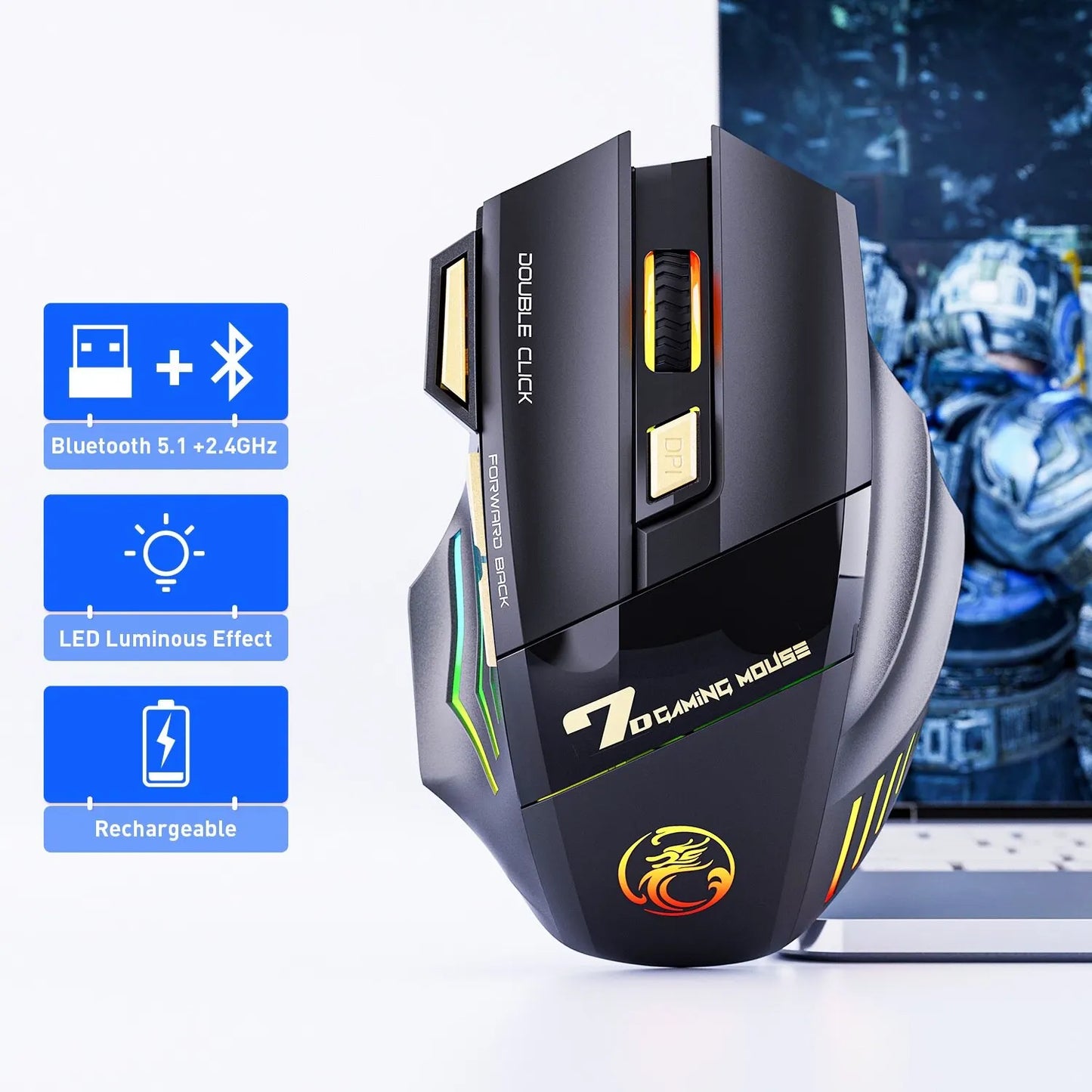 Wireless Gaming Mouse USB IMICE GW-X7 3200DPI Dual Mode Rechargeable 7 Keys 2.4GHz Silent Mouse Bluetooth 7-color Breathing LED