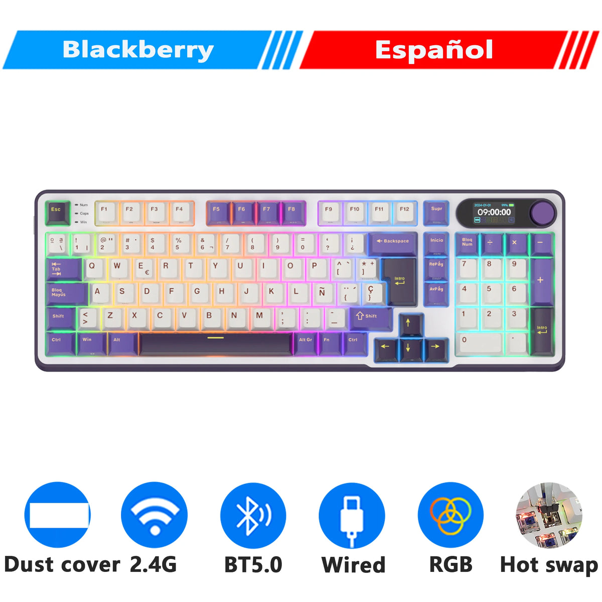 Clavier mécanique RK ROYAL KLUDGE S98 avec écran TFT en surface, 98 touches, RGB, BT 5.0/2,4 GHz/USB-C, clavier gaming sans fil, remplaçable à chaud