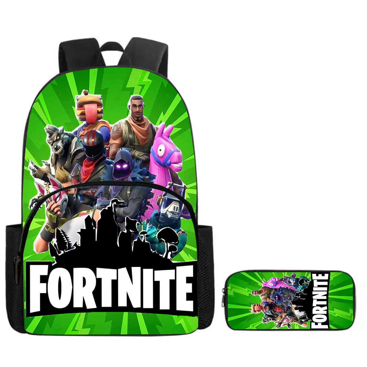 Fortnite Cartoon Backpack with Front Pocket & Pencil Case 2PCS - School Set for Boys Girls Age 5-8, Back to School Gift