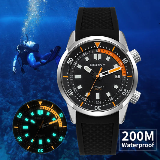Relógio de mergulho BERNY para homem, automático mecânico, 200M impermeável, superluminoso, 42mm, safira, para natação e mergulho