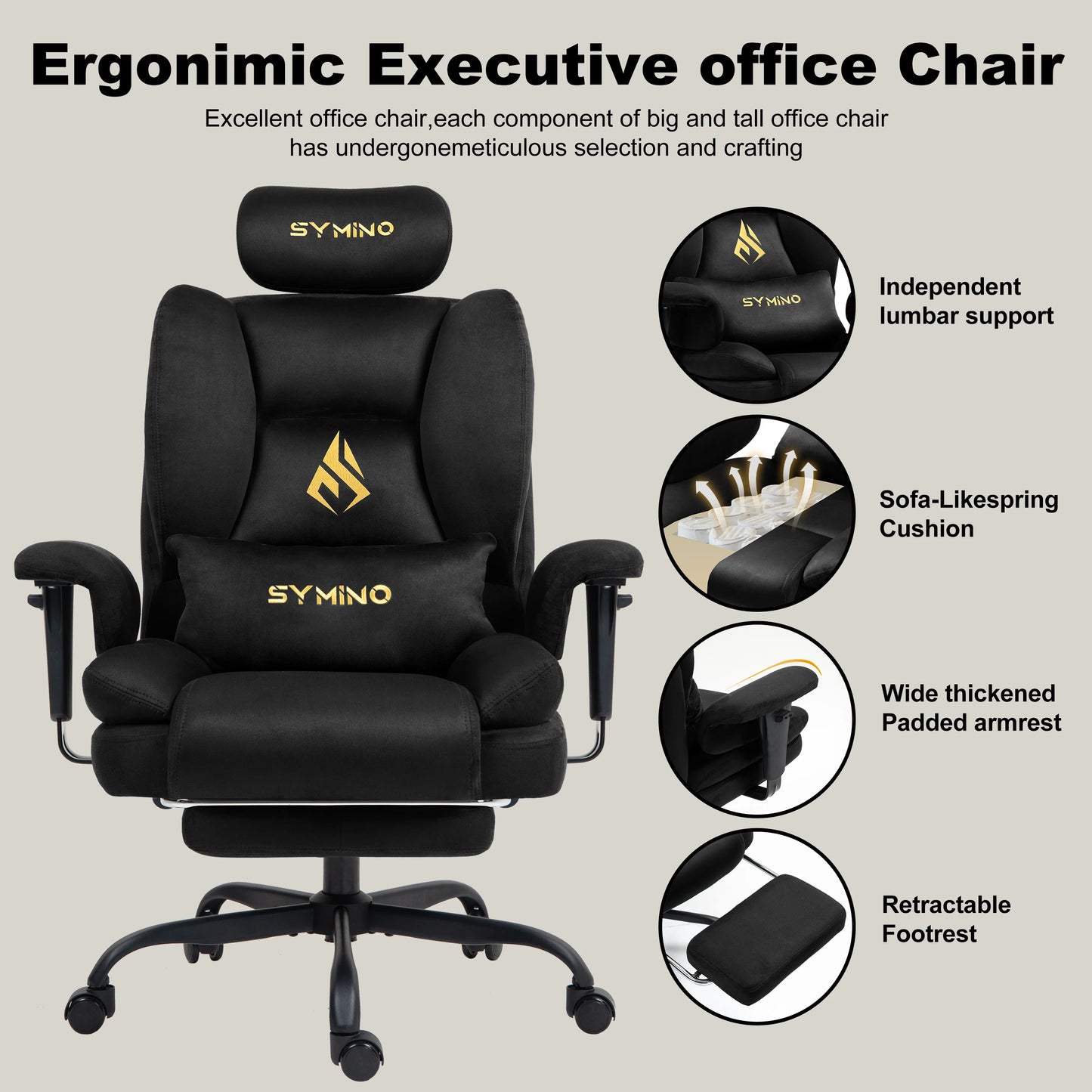 Symino Gaming Chair Faux Suede Office Chair with Footstool, Ergonomic Height Adjustable Swivel Chair, Comfortable Executive Chair for Gaming & Office