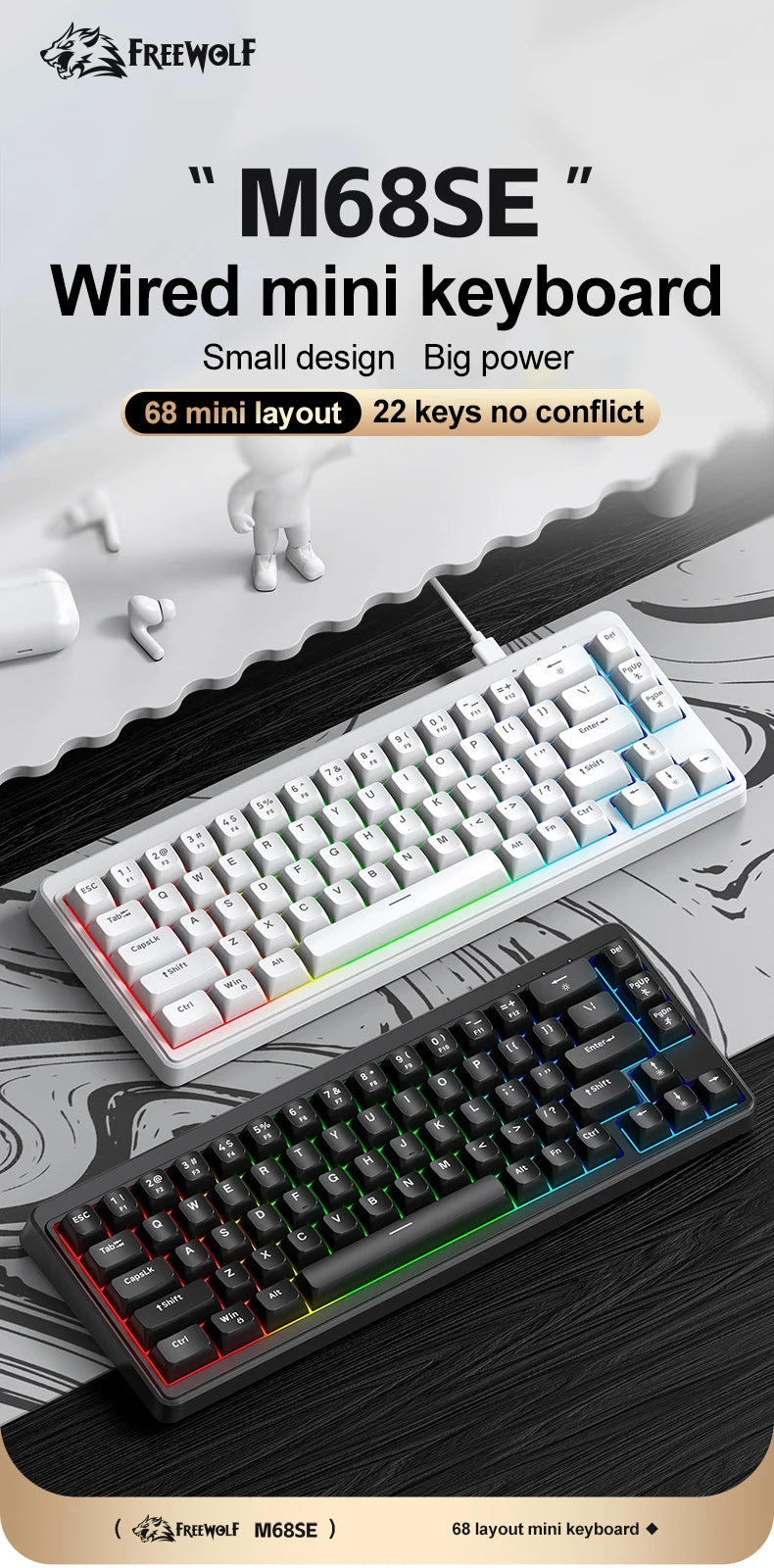 FREEWOLF M68SE 68 key wired mini keyboard, designed ergonomically, dazzling lights and compatible with multiple systems