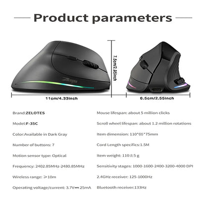 Rato vertical sem fios recarregável com ecrã — rato ergonómico gaming programável de 6 botões para jogador em desktop