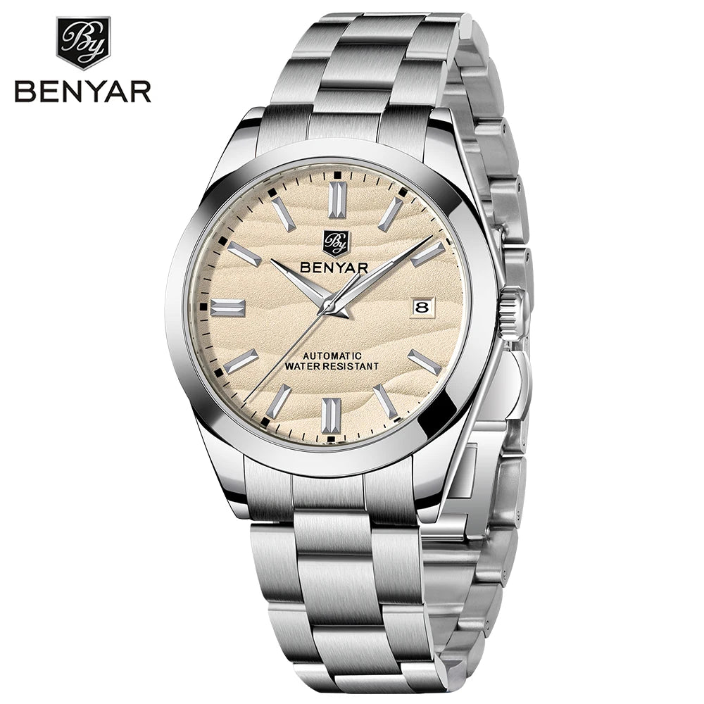 BENYAR luxury brand 40MM sand grain dial men's watch, stainless steel 50 meter waterproof automatic mechanical watch