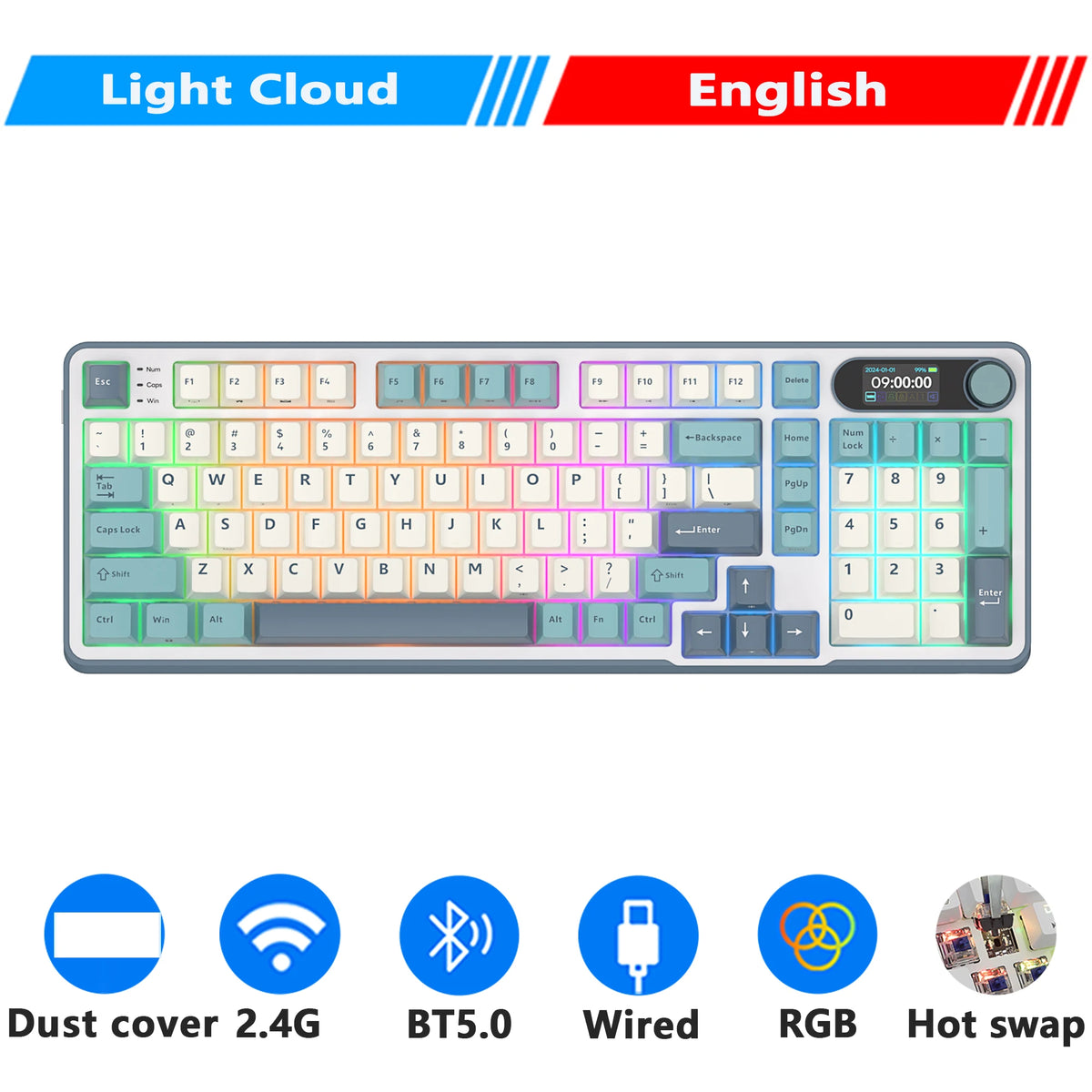 Clavier mécanique RK ROYAL KLUDGE S98 avec écran TFT en surface, 98 touches, RGB, BT 5.0/2,4 GHz/USB-C, clavier gaming sans fil, remplaçable à chaud