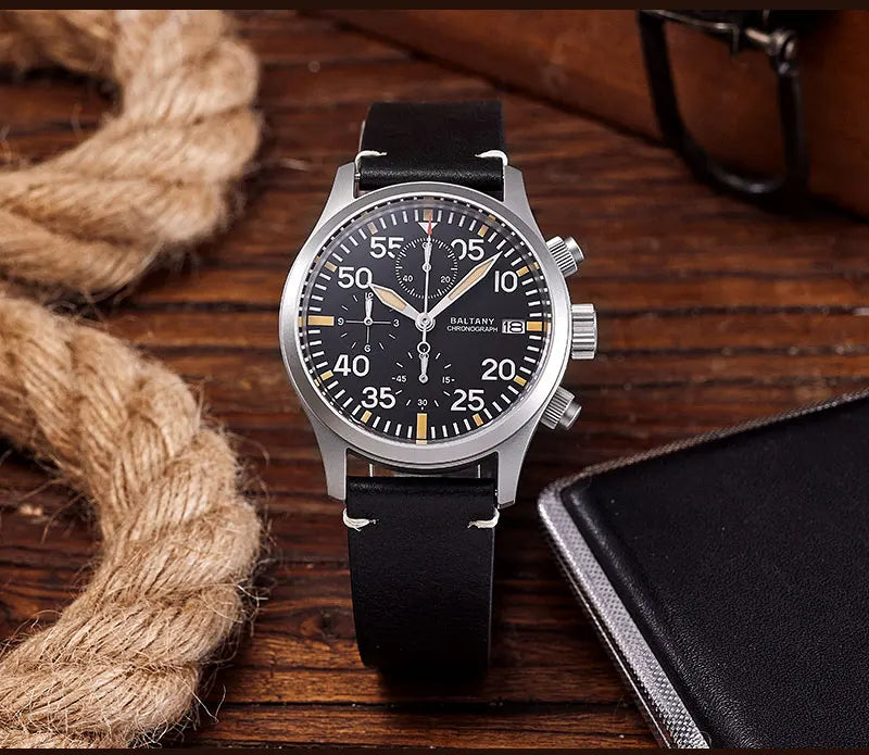 Baltany Quartz Chronograph S5045 Sunburst Blue Dial VK67 100M Stainless Steel Calendar Window Sapphire Vintage Military Watches