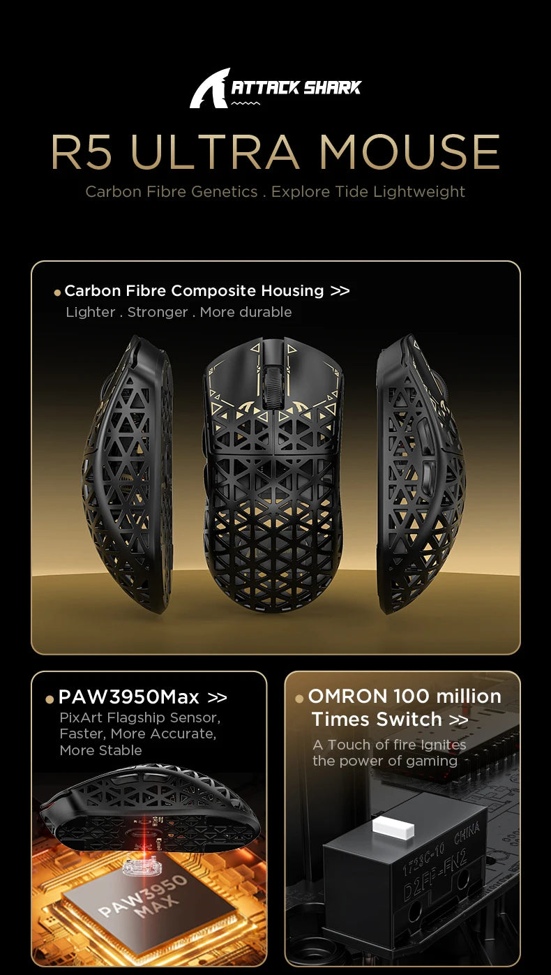 ATTACK SHARK R5 Ultra Carbon Fiber kabellose Gaming-Maus, PixArt PAW3950MAX Gaming-Sensor, 42000DPI, 8000Hz, MCU Nordic 52840
