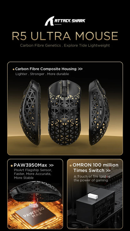 ATTACK SHARK R5 Ultra Carbon Fiber kabellose Gaming-Maus, PixArt PAW3950MAX Gaming-Sensor, 42000DPI, 8000Hz, MCU Nordic 52840