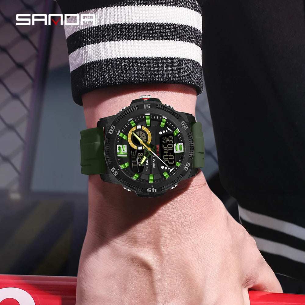 SANDA Fashion Luxury Men's Watches Dual Digital Display Sport Analog Quartz Man Wristwatch Casual Waterproof Silica Chronograph