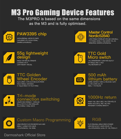 Mouse da gaming Darmoshark M3Pro 2.4G BT wireless tri-mode, sensore PAW3395, N52840, 26000DPI, mouse con driver macro per mani grandi per il gaming