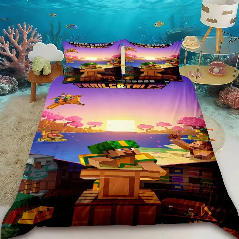 Minecraft 2/3pcs Duvet Cover Cute Cartoon Game Quilt Cover Bedding Set with 1/2 Pillocase Gifts Bedroom Dormitory
