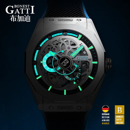 BONEST GATTI BG7601 Men Automatic Mechanical Watch Sapphire Crystal Waterproof Luminous Rubber Strap Wristwatch