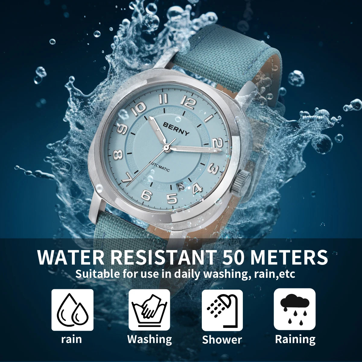 BERNY Mechanical Watch For Women Self-wind Pillow Cushion Sapphire Super Luminous Wristwatch Canvas Calendar Watch For Ladies