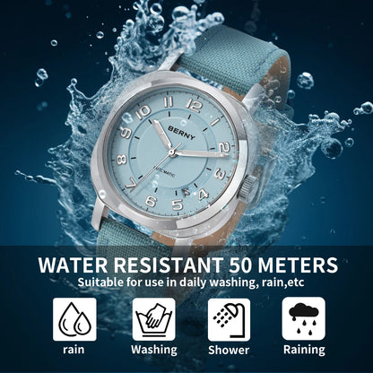 BERNY Mechanical Watch For Women Self-wind Pillow Cushion Sapphire Super Luminous Wristwatch Canvas Calendar Watch For Ladies