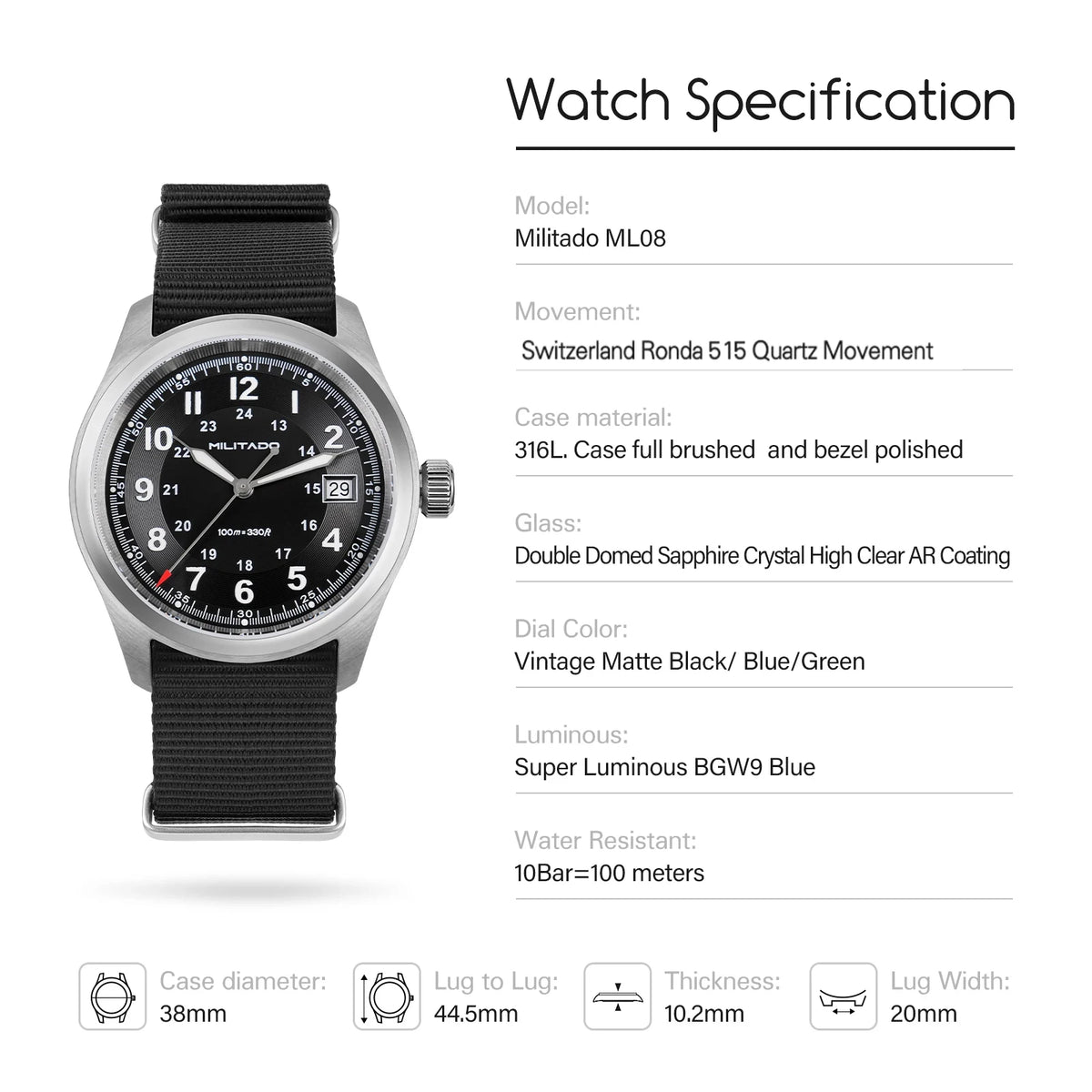 Militado ML08 Vintage Quartz Watch Ronda 515 Movement Ar Sapphire Mirror 38Mm Wrist Watch Date Super Luminous Waterproof Watches