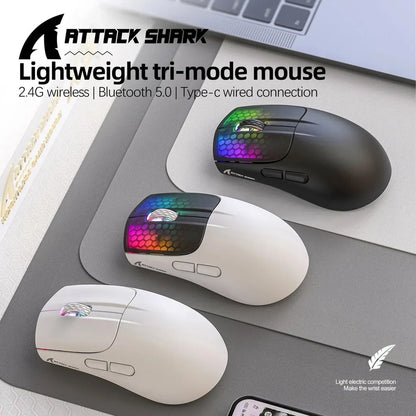 ATTACK SHARK X5 belaidė pelė, lengva, trijų režimų jungtis 2.4GHz / laidinė / Bluetooth, RGB makro žaidimų pelė